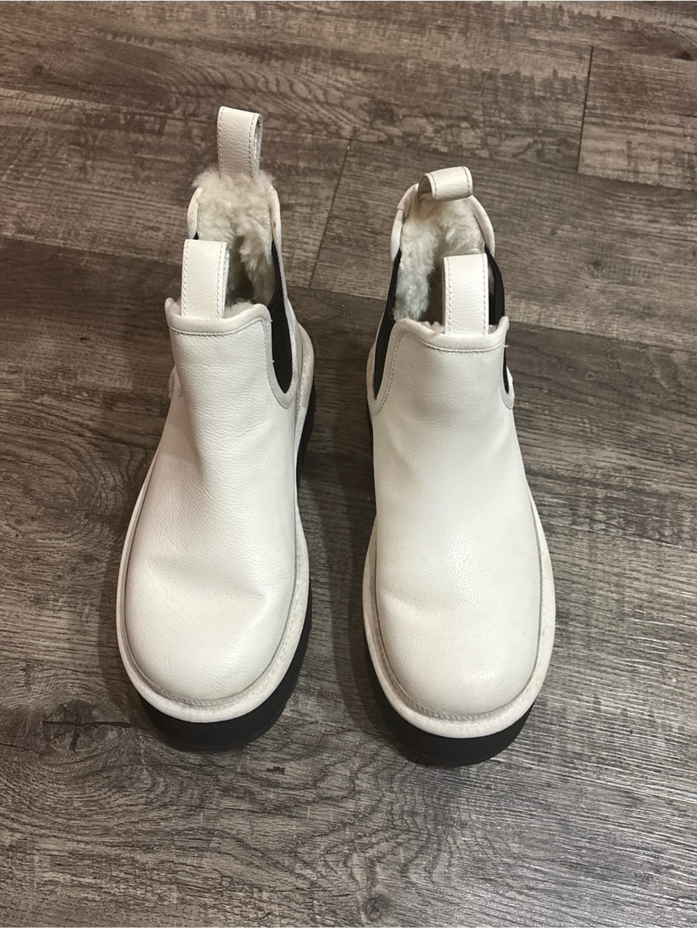 UGG White Leather Ankle Boots with Black Soles